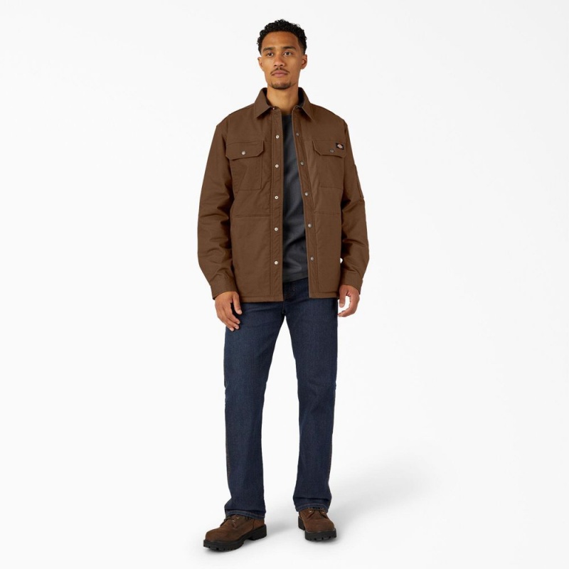 Men's Dickies Water Repellent Fleece-Lined Duck Shirt Jacket Brown | 031756BVO