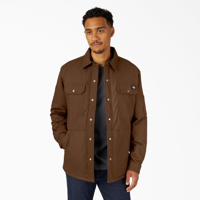 Men\'s Dickies Water Repellent Fleece-Lined Duck Shirt Jacket Brown | 031756BVO