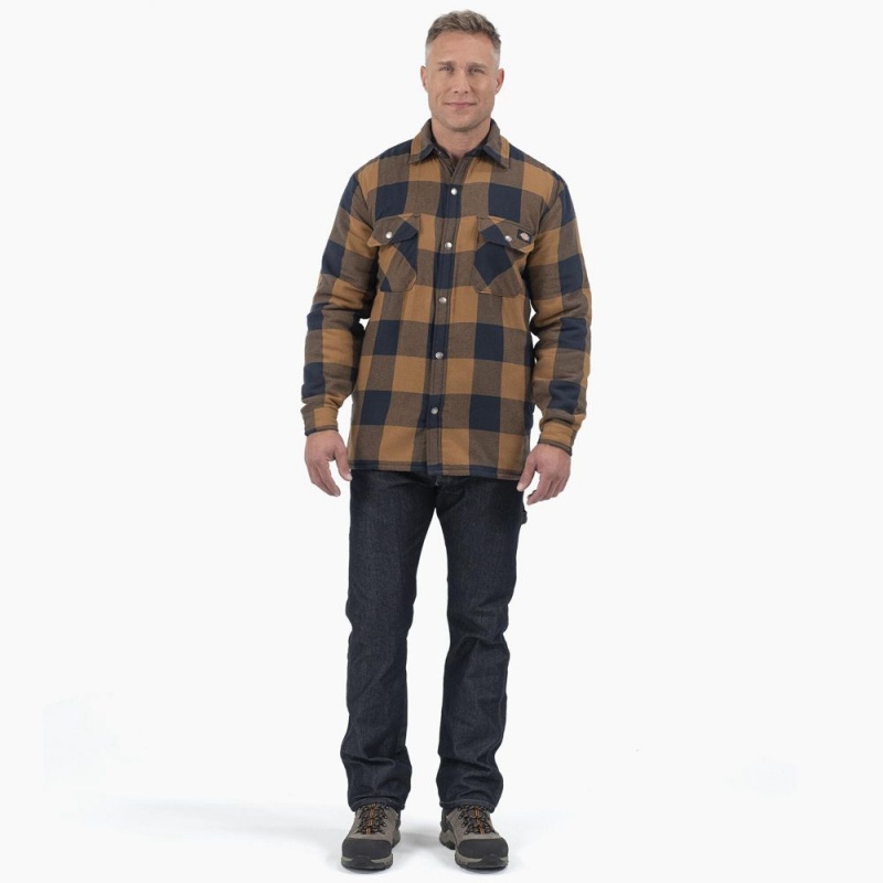 Men's Dickies Water Repellent Fleece-Lined Flannel Shirt Jacket Brown | 746309JVK