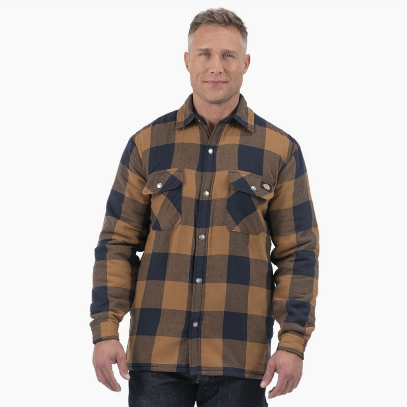 Men\'s Dickies Water Repellent Fleece-Lined Flannel Shirt Jacket Brown | 746309JVK