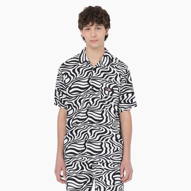 Men\'s Dickies Zebra Print Short Sleeve Shirt Black | 086531HRX