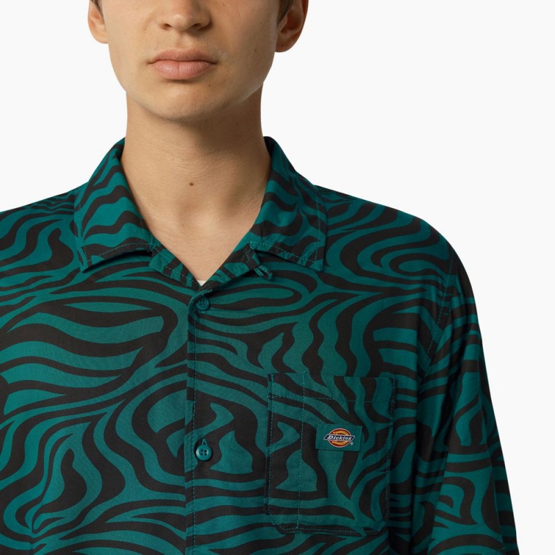 Men's Dickies Zebra Print Short Sleeve Shirt Green | 127859AHO