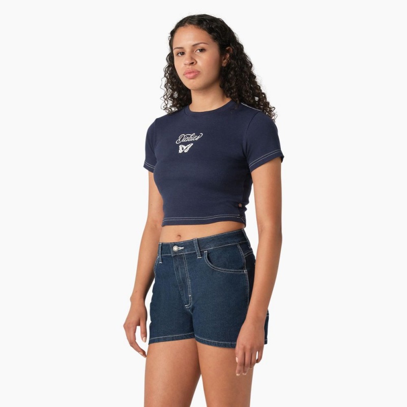 Women's Dickies Butterfly Graphic Cropped Baby T-Shirt Navy | 038416NKW