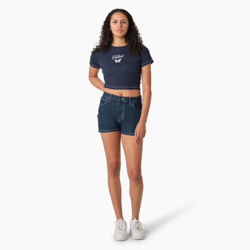 Women's Dickies Butterfly Graphic Cropped Baby T-Shirt Navy | 038416NKW