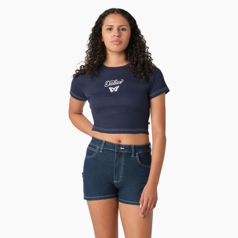 Women\'s Dickies Butterfly Graphic Cropped Baby T-Shirt Navy | 038416NKW