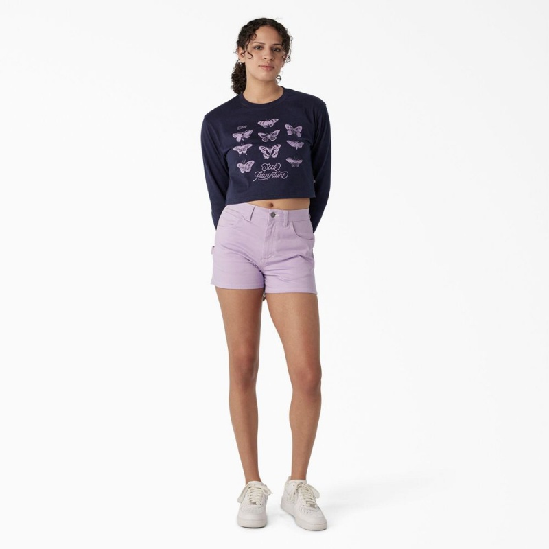 Women's Dickies Butterfly Graphic Long Sleeve Cropped T-Shirt Navy | 098325NIR