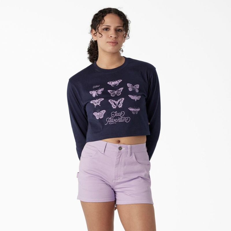 Women\'s Dickies Butterfly Graphic Long Sleeve Cropped T-Shirt Navy | 098325NIR