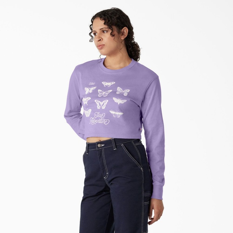 Women's Dickies Butterfly Graphic Long Sleeve Cropped T-Shirt Purple | 941523MXO