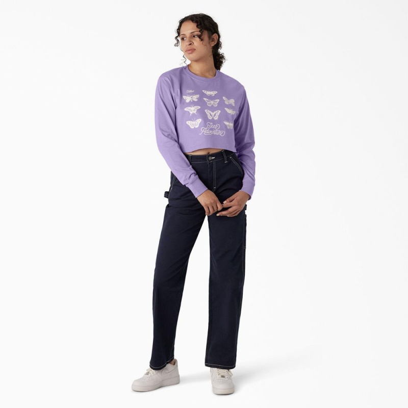 Women's Dickies Butterfly Graphic Long Sleeve Cropped T-Shirt Purple | 941523MXO