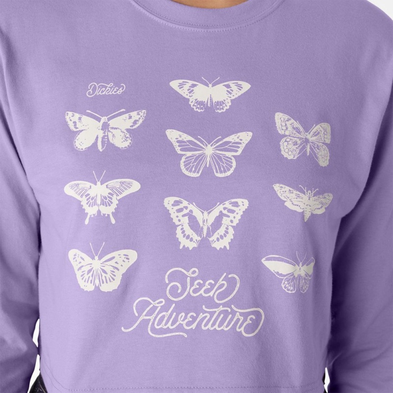 Women's Dickies Butterfly Graphic Long Sleeve Cropped T-Shirt Purple | 941523MXO