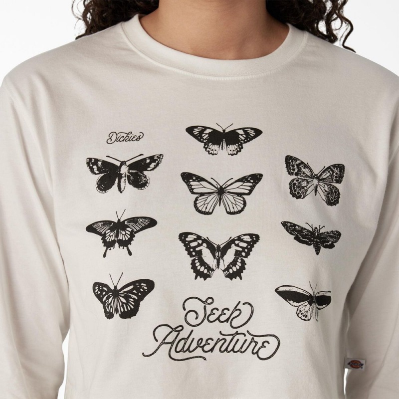 Women's Dickies Butterfly Graphic Long Sleeve Cropped T-Shirt White | 752906UEO