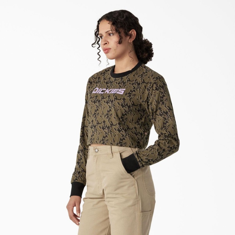 Women's Dickies Camo Long Sleeve Cropped T-Shirt Green | 670532QFM