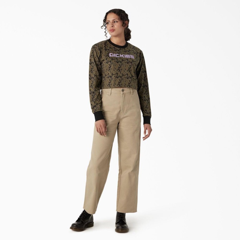 Women's Dickies Camo Long Sleeve Cropped T-Shirt Green | 670532QFM