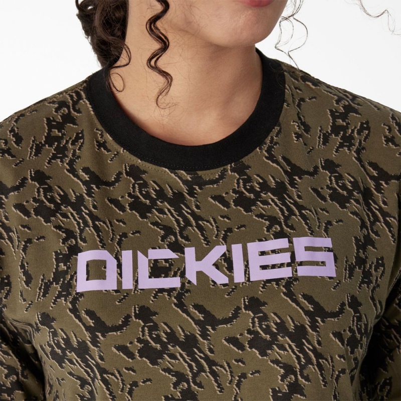 Women's Dickies Camo Long Sleeve Cropped T-Shirt Green | 670532QFM