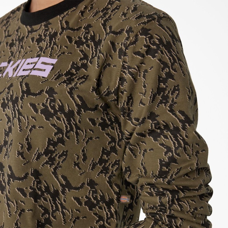 Women's Dickies Camo Long Sleeve Cropped T-Shirt Green | 670532QFM