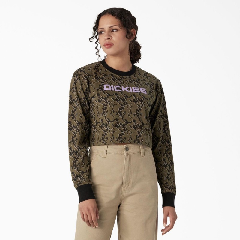 Women\'s Dickies Camo Long Sleeve Cropped T-Shirt Green | 670532QFM