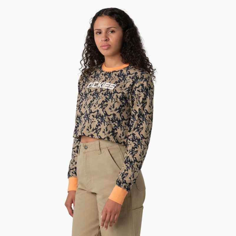 Women's Dickies Camo Long Sleeve Cropped T-Shirt Brown | 238457JBK