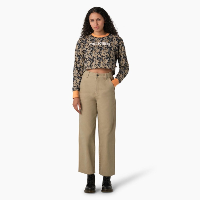 Women's Dickies Camo Long Sleeve Cropped T-Shirt Brown | 238457JBK