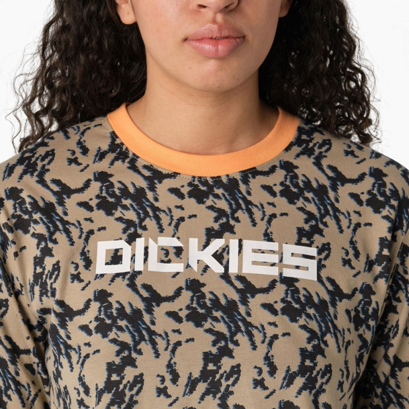 Women's Dickies Camo Long Sleeve Cropped T-Shirt Brown | 238457JBK