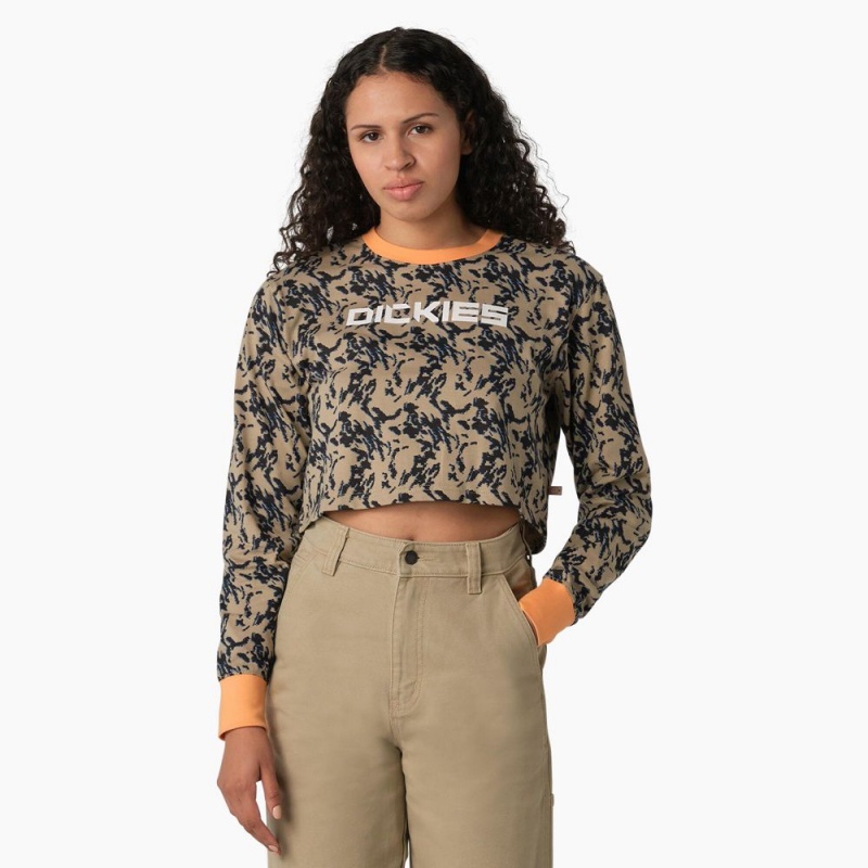 Women\'s Dickies Camo Long Sleeve Cropped T-Shirt Brown | 238457JBK