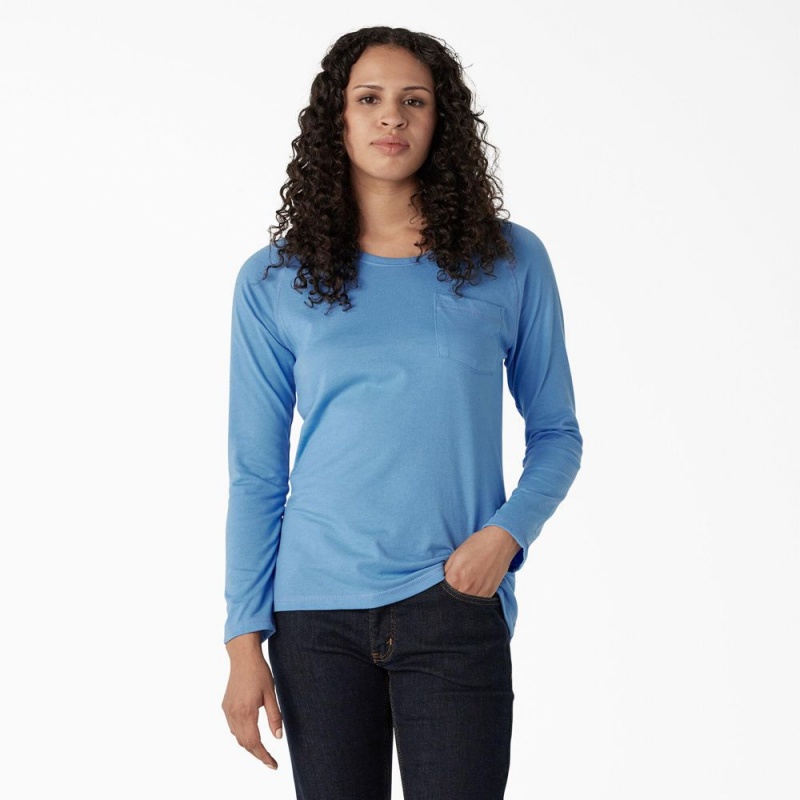 Women\'s Dickies Cooling Long Sleeve Pocket T-Shirt Blue | 704516TKH