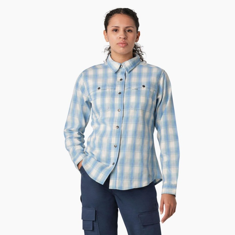 Women\'s Dickies Cooling Roll-Tab Work Shirts Blue | 143256URJ