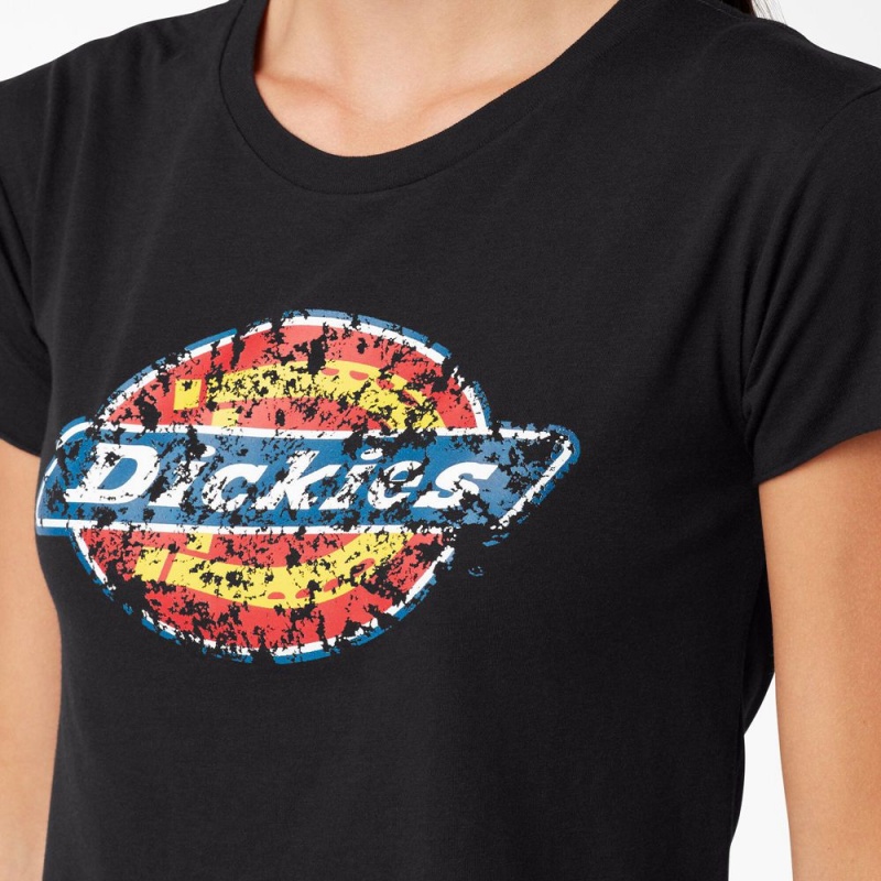 Women's Dickies Distressed Logo Cropped T-Shirt Black | 351827WMI