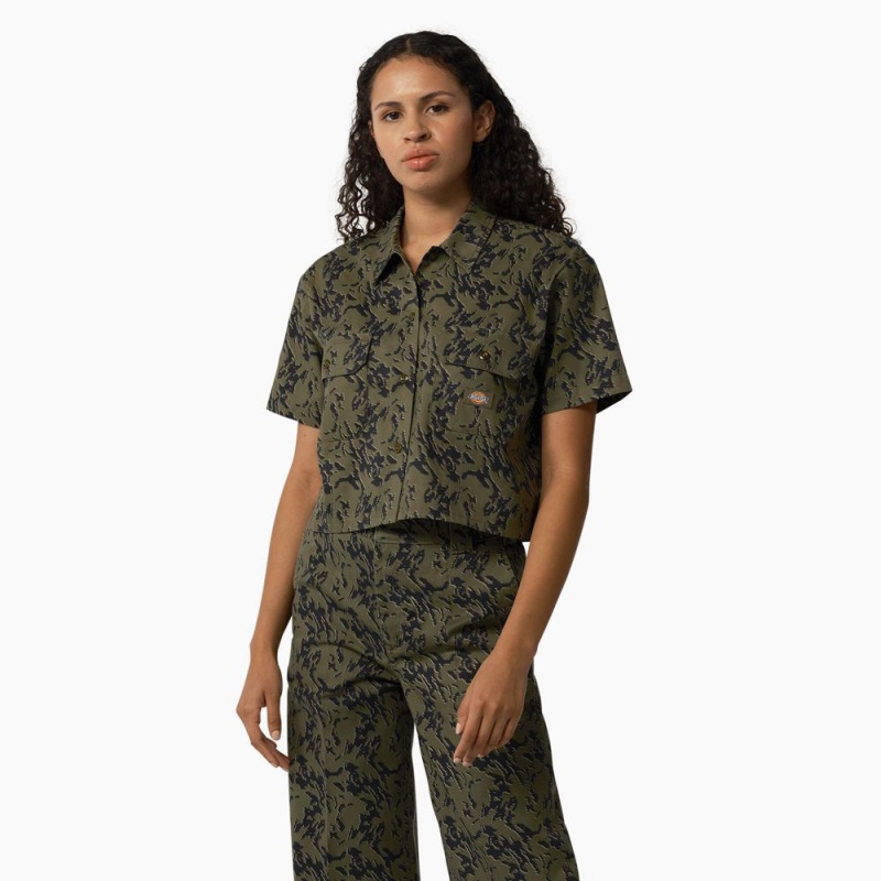 Women\'s Dickies Drewsey Camo Cropped Work Shirts Green | 178036IKY