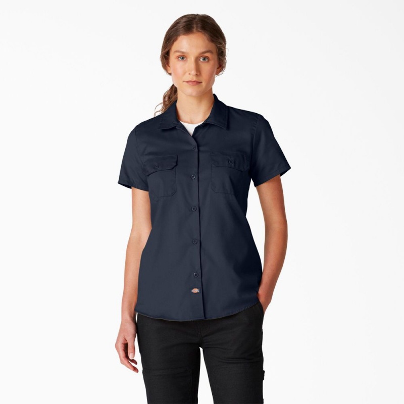 Women\'s Dickies FLEX Short Sleeve Work Shirts Navy | 409716OTG