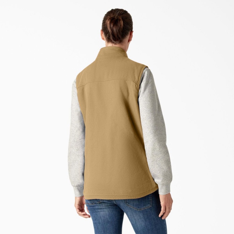 Women's Dickies Fleece Lined Duck Canvas Vest Khaki | 685147BUE