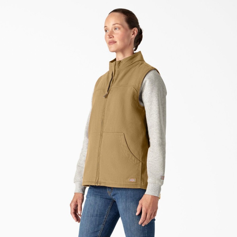 Women's Dickies Fleece Lined Duck Canvas Vest Khaki | 685147BUE