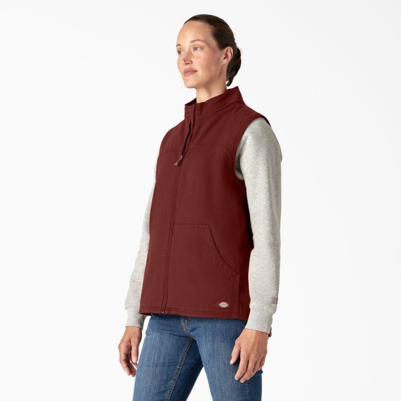 Women's Dickies Fleece Lined Duck Canvas Vest Red | 605249DQV