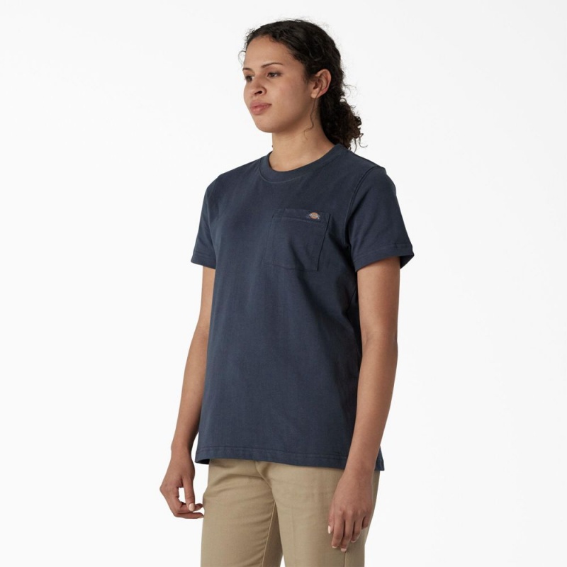 Women's Dickies Heavyweight Short Sleeve Pocket T-Shirt Blue | 607139RWI