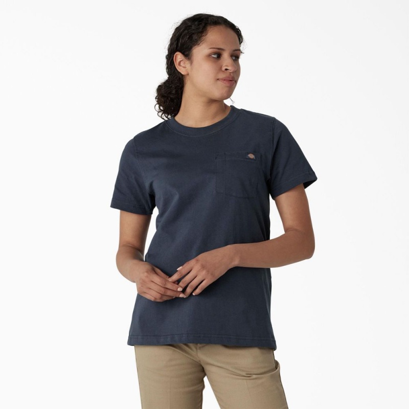 Women\'s Dickies Heavyweight Short Sleeve Pocket T-Shirt Blue | 607139RWI