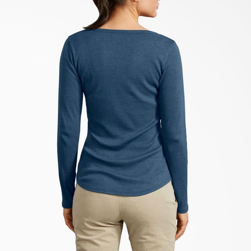 Women's Dickies Henley Long Sleeve T-Shirt Blue | 854026AFB