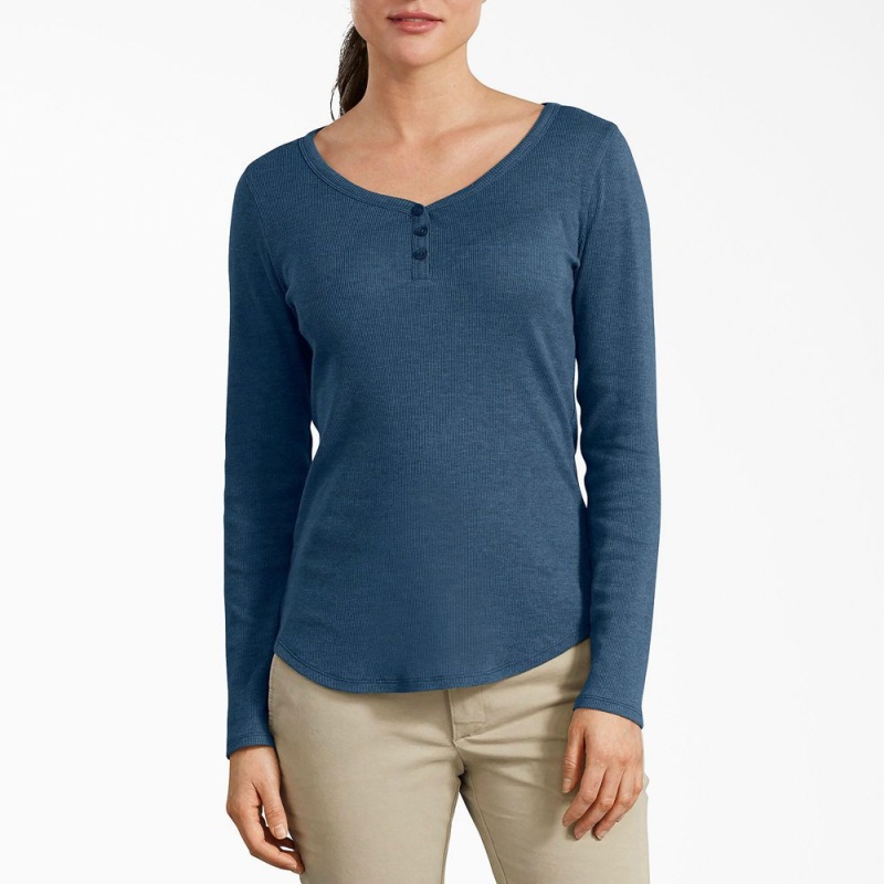 Women\'s Dickies Henley Long Sleeve T-Shirt Blue | 854026AFB