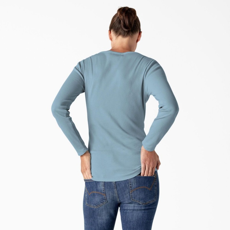 Women's Dickies Henley Long Sleeve T-Shirt Blue | 635298CRX