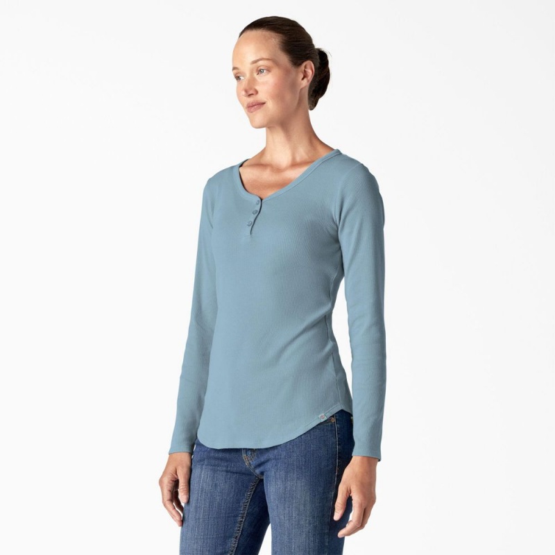 Women's Dickies Henley Long Sleeve T-Shirt Blue | 635298CRX