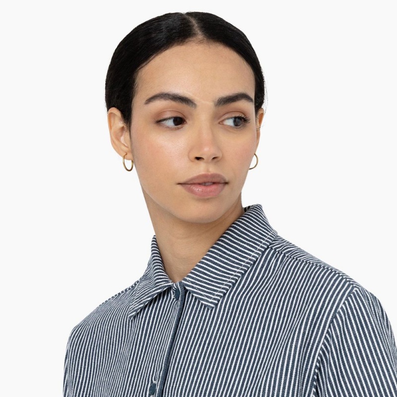 Women's Dickies Hickory Stripe Cropped Work Shirts Blue | 307528ORY