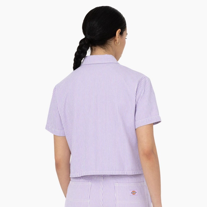 Women's Dickies Hickory Stripe Cropped Work Shirts Purple | 619730FQR