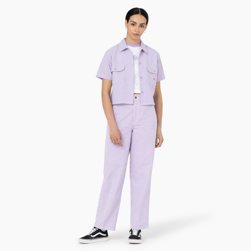 Women's Dickies Hickory Stripe Cropped Work Shirts Purple | 619730FQR