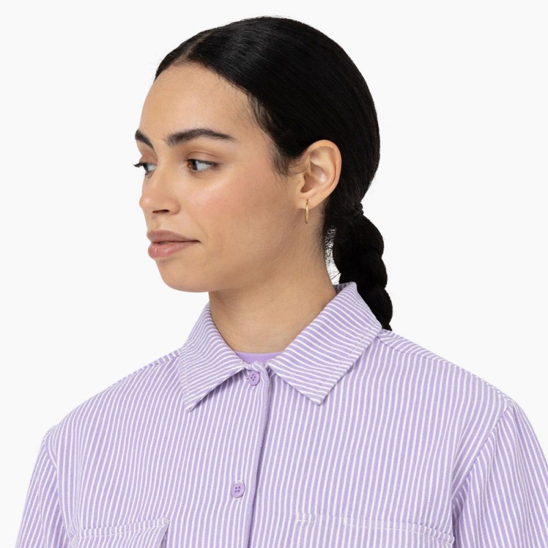 Women's Dickies Hickory Stripe Cropped Work Shirts Purple | 619730FQR