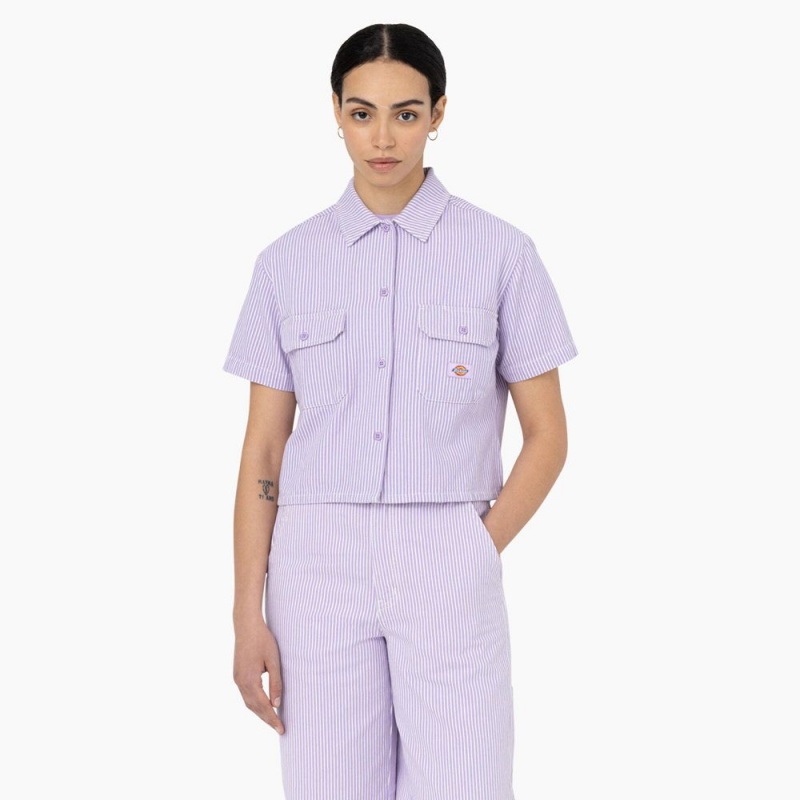 Women\'s Dickies Hickory Stripe Cropped Work Shirts Purple | 619730FQR