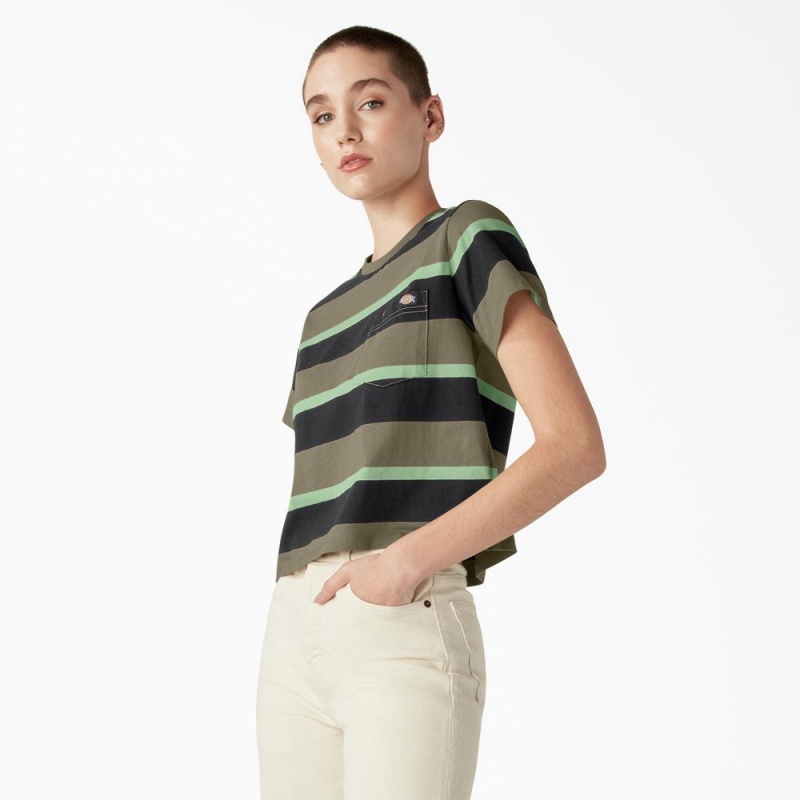 Women's Dickies Large Striped Cropped Pocket T-Shirt Green | 132694TSJ