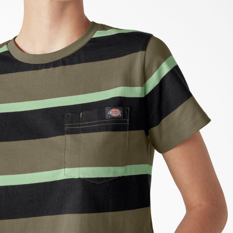 Women's Dickies Large Striped Cropped Pocket T-Shirt Green | 132694TSJ