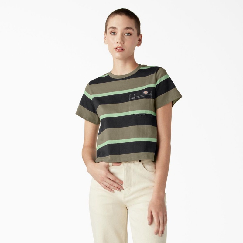 Women\'s Dickies Large Striped Cropped Pocket T-Shirt Green | 132694TSJ