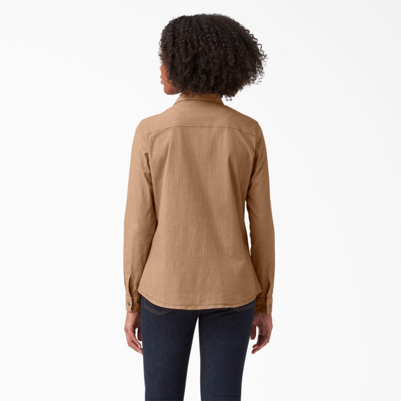 Women's Dickies Long Sleeve Roll-Tab Work Shirts Brown | 047236PCI