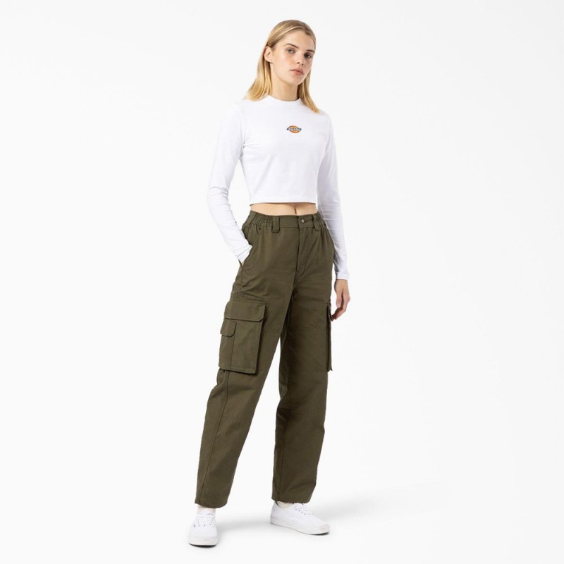 Women's Dickies Maple Valley Logo Long Sleeve Cropped T-Shirt White | 241937SJP