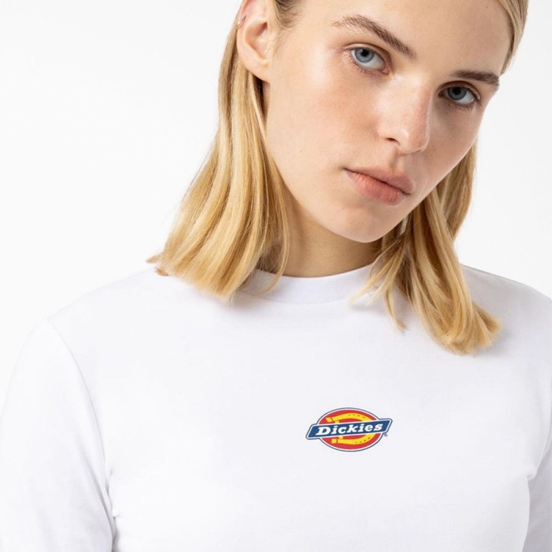 Women's Dickies Maple Valley Logo Long Sleeve Cropped T-Shirt White | 241937SJP