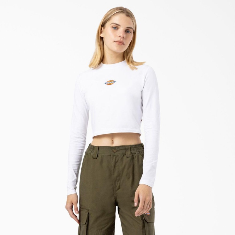 Women\'s Dickies Maple Valley Logo Long Sleeve Cropped T-Shirt White | 241937SJP